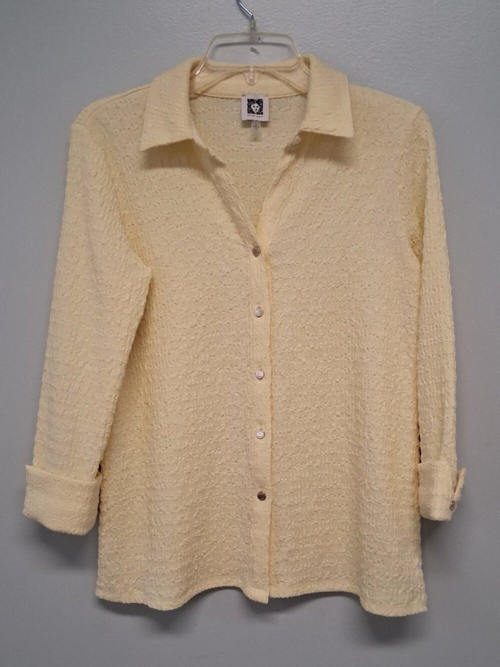 Anne Klein Textured Button-Front Blouse Sz Small Pale Yellow